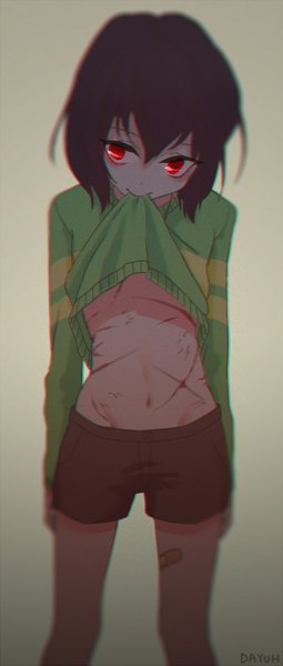Anime picture 544x1280 with undertale chara (undertale) dayuh single tall image fringe short hair light erotic hair between eyes red eyes brown hair standing holding signed looking away long sleeves blurry midriff gradient background mouth hold