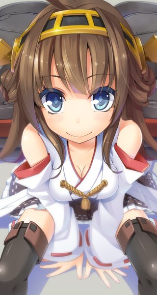 Anime picture 744x1392 with kantai collection kongou battleship wapokichi single long hair tall image blue eyes smile brown hair sitting bare shoulders ahoge traditional clothes nontraditional miko girl hair ornament detached sleeves thigh boots