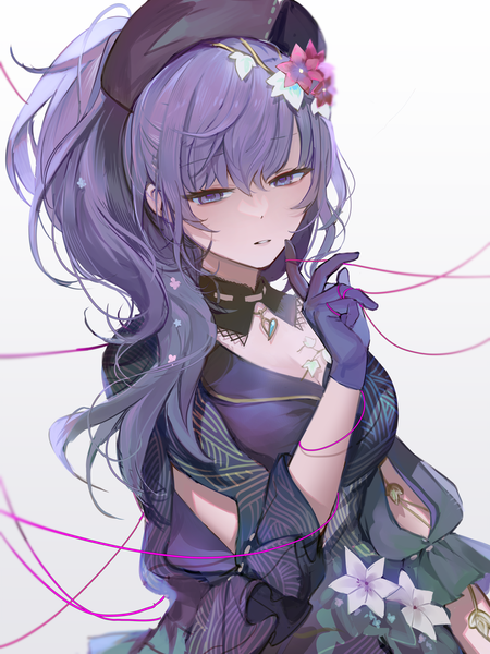 Anime picture 3000x4000 with project sekai asahina mafuyu nannaspad single long hair tall image fringe highres simple background hair between eyes purple eyes purple hair ponytail from above expressionless girl dress headdress detached collar thread