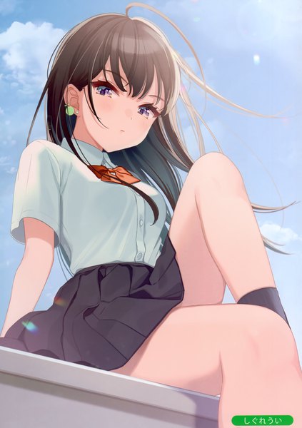 Anime picture 2084x2958 with melonbooks shigure ui single long hair tall image looking at viewer blush fringe highres brown hair sitting purple eyes signed sky cloud (clouds) ahoge blunt bangs pleated skirt scan from below