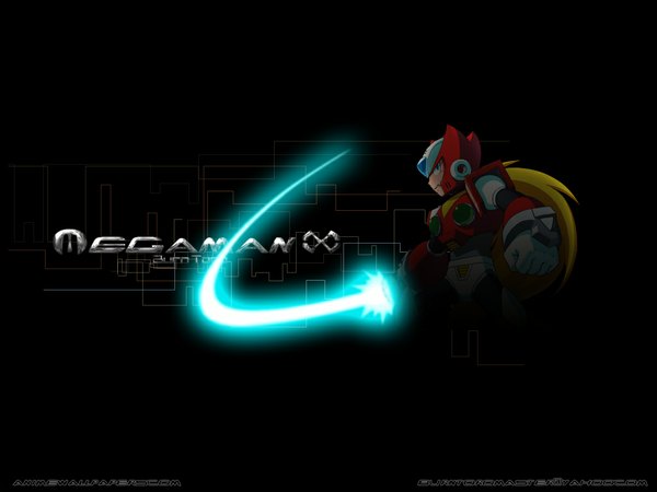 Anime picture 1024x768 with rockman rockman x zero (rockman) lighting saber long hair looking at viewer blue eyes copyright name dark background boy helmet robot