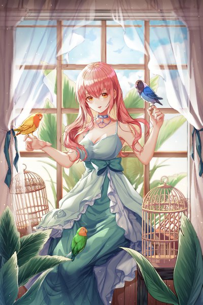 Anime picture 1123x1684 with original helawid single long hair tall image looking at viewer blush fringe breasts open mouth hair between eyes large breasts sitting yellow eyes payot pink hair cleavage indoors light smile sleeveless