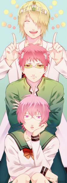 Anime picture 900x2429 with saiki kusuo no psi nan saiki kusuo saiki kuusuke saiki kusuko pirika (rm0315) tall image looking at viewer fringe short hair open mouth blonde hair hair between eyes signed pink hair eyes closed pink eyes hair over one eye multiple boys crossed arms siblings