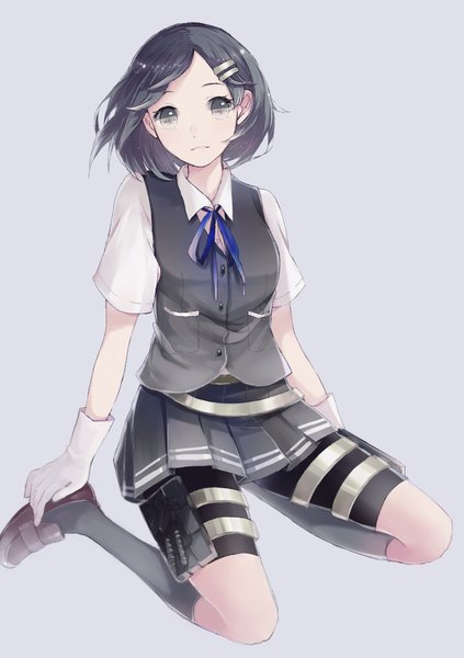 Anime picture 705x1000 with kantai collection kuroshio destroyer skirtlifting single tall image fringe short hair simple background sitting pleated skirt grey hair grey background grey eyes girl skirt gloves hair ornament ribbon (ribbons) miniskirt shirt