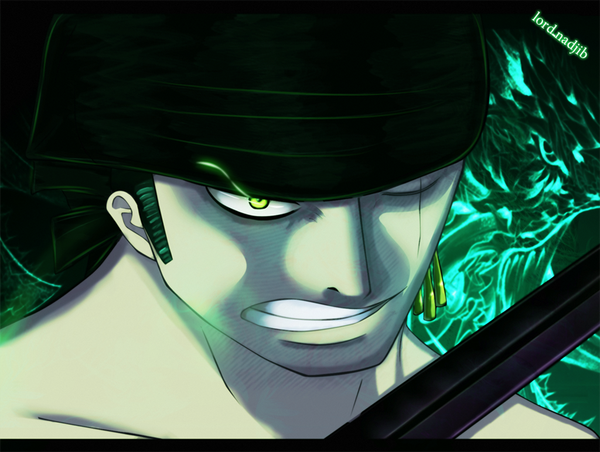 Anime picture 1024x773 with one piece toei animation roronoa zoro lord-nadjib (artist) single short hair yellow eyes one eye closed green hair wink grin coloring glowing portrait scar face glowing eye (eyes) boy weapon