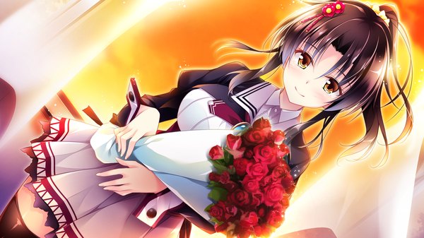 Anime picture 1920x1080 with golden marriage ensemble (studio) shimakage ruri single long hair looking at viewer blush highres black hair smile wide image brown eyes game cg girl thighhighs dress uniform flower (flowers) black thighhighs school uniform