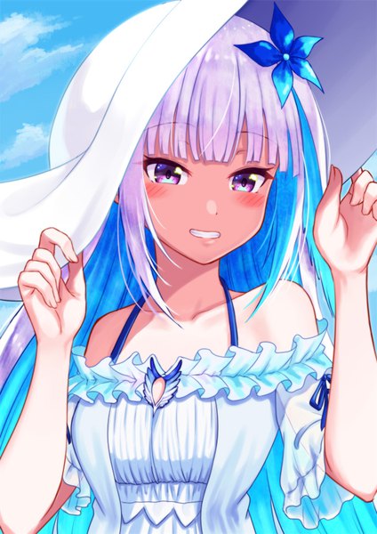 Anime picture 636x900 with virtual youtuber nijisanji lize helesta lize helesta (2nd costume) mizunashi hayate single long hair tall image looking at viewer blush fringe smile purple eyes bare shoulders payot blue hair sky purple hair cloud (clouds) upper body