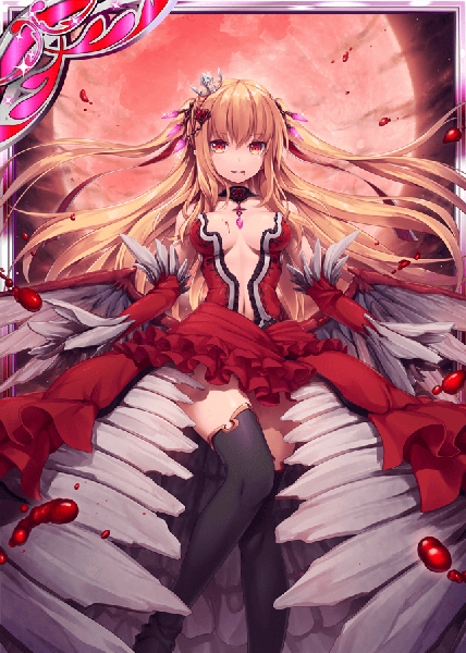 Anime picture 640x896 with shinkai no valkyrie vampire victoria (shinkai no valkyrie) akkijin single long hair tall image looking at viewer light erotic blonde hair red eyes bare shoulders cleavage bent knee (knees) light smile night zettai ryouiki night sky framed vampire red moon