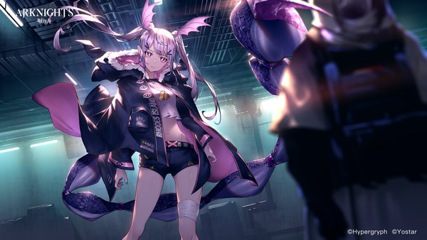 Anime picture 1728x972 with arknights manticore (arknights) reunion soldier (arknights) essual (layer world) long hair looking at viewer fringe highres wide image standing purple eyes twintails purple hair indoors tail blunt bangs nail polish head tilt animal tail fingernails