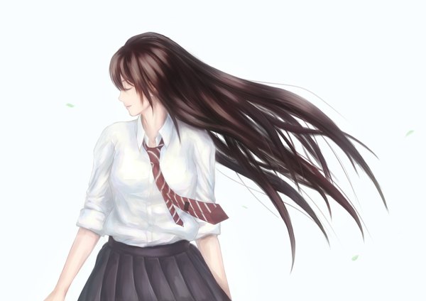 Anime picture 1500x1060 with original nakacha single long hair blush simple background brown hair white background eyes closed profile wind weightlessness girl skirt uniform school uniform shirt white shirt