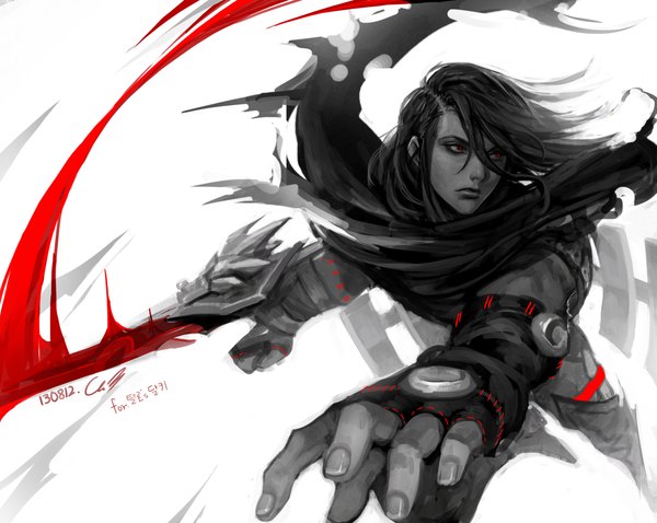 Anime picture 4398x3508 with league of legends talon (league of legends) angju single long hair highres black hair simple background red eyes white background signed absurdres torn clothes monochrome boy weapon sword fingerless gloves thigh boots cape