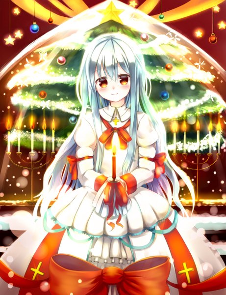 Anime picture 2000x2600 with original sakura ani single long hair tall image blush highres red eyes blue hair christmas girl dress bow star (symbol) candle (candles) christmas tree bauble garland