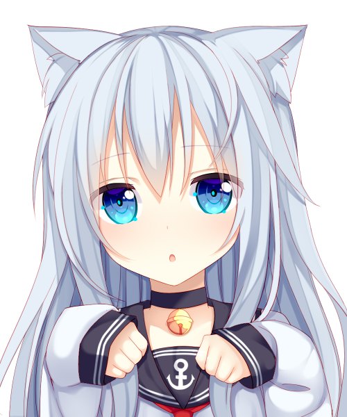 Anime picture 1000x1200 with kantai collection hibiki destroyer jyt single long hair tall image looking at viewer fringe blue eyes simple background hair between eyes white background animal ears silver hair upper body long sleeves cat ears :o cat girl kemonomimi mode