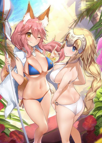 Anime picture 1000x1392 with fate (series) fate/apocrypha fate/extra jeanne d'arc (fate) (all) tamamo (fate) (all) jeanne d'arc (fate) tamamo no mae (swimsuit lancer) (fate) yaman (yamanta lov) long hair tall image fringe breasts blue eyes light erotic blonde hair smile hair between eyes large breasts multiple girls animal ears