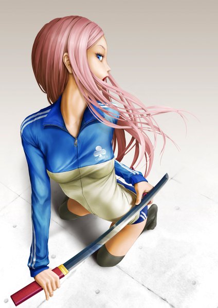 Anime picture 1000x1415 with original pi (pppppchang) single long hair tall image looking at viewer open mouth blue eyes simple background pink hair profile no shoes kneeling girl thighhighs uniform weapon sword shorts katana