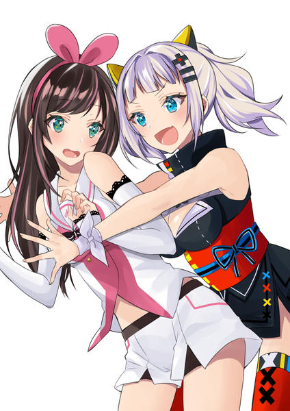 Anime picture 868x1228 with virtual youtuber a.i. channel the moon studio kizuna ai kaguya luna ryun025 long hair tall image blush open mouth blue eyes simple background brown hair white background twintails bare shoulders multiple girls green eyes payot cleavage