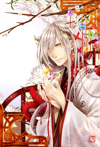 Anime picture 1000x1462 with original kaname (cherry0732) single long hair tall image blonde hair brown eyes traditional clothes horn (horns) fingernails facial mark long fingernails boy flower (flowers) earrings branch scales