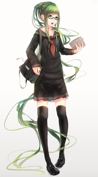 Anime picture 720x1300 with original hadean92 single tall image open mouth simple background white background green eyes ponytail very long hair green hair zettai ryouiki girl thighhighs skirt black thighhighs glasses serafuku shoes pendant