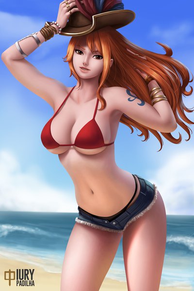 Anime picture 733x1100 with one piece toei animation nami (one piece) iury padilha single long hair tall image looking at viewer fringe breasts light erotic hair between eyes standing bare shoulders signed sky cleavage cloud (clouds) parted lips light smile