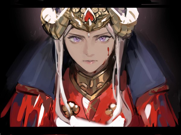 Anime picture 1024x768 with fire emblem fire emblem: three houses nintendo edelgard von hresvelg m hvmi single looking at viewer short hair purple eyes upper body white hair parted lips horn (horns) face blood on face girl blood gorget