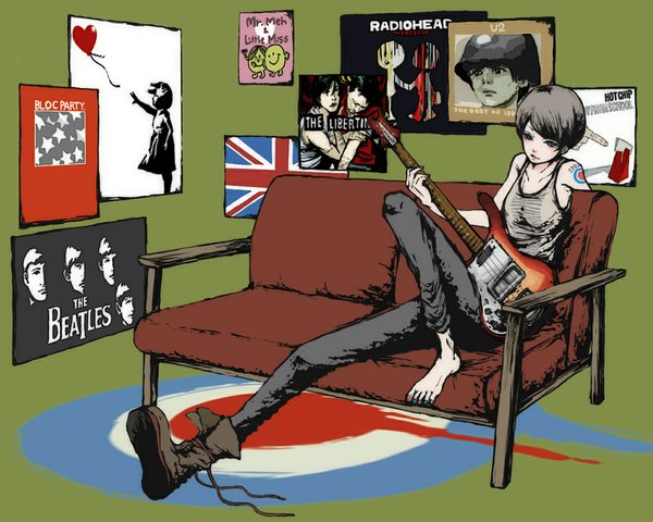 Anime picture 1000x800 with original lyricism3710 (artist) single looking at viewer short hair blue eyes black hair sitting bare shoulders nail polish tattoo girl boots guitar flag