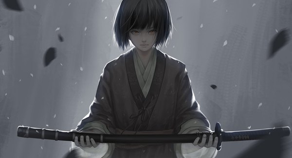 Anime picture 1500x814 with sekiro: shadows die twice from software kuro the divine heir gatorix single looking at viewer fringe short hair black hair simple background wide image holding yellow eyes upper body traditional clothes japanese clothes grey background wide sleeves monochrome sheathed