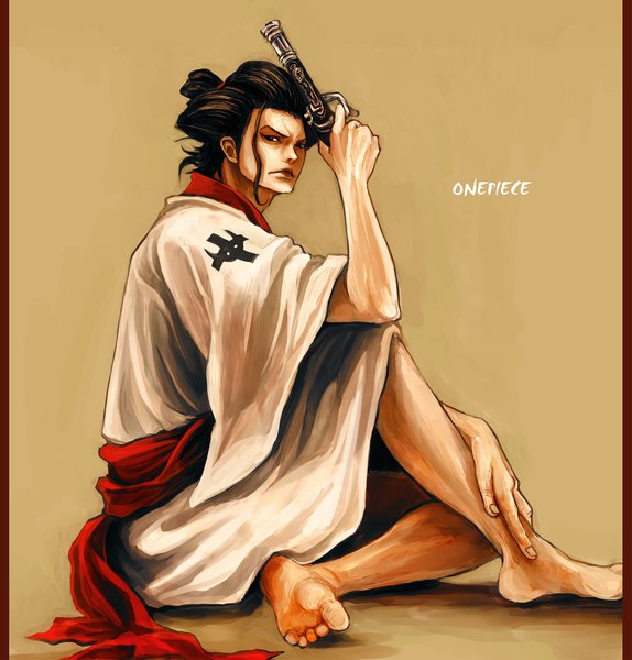Anime picture 1484x1551 with one piece toei animation izou (one piece) tsuyomaru long hair tall image looking at viewer black hair simple background sitting japanese clothes barefoot inscription brown background pillarboxed boy gun