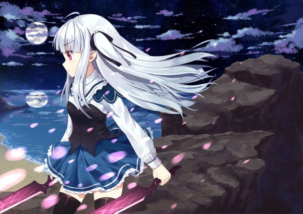 Anime picture 4960x3507 with absolute duo 8bit yurie sigtuna feng (zflpyj456852) single long hair fringe highres purple eyes holding looking away absurdres silver hair cloud (clouds) ahoge profile wind night two side up night sky