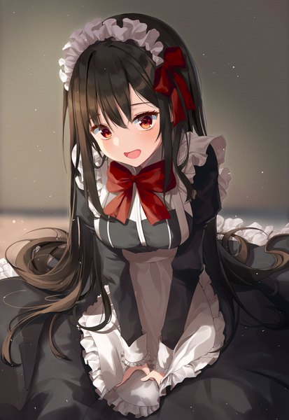 Anime picture 3340x4847 with original kimae single long hair tall image blush fringe highres open mouth hair between eyes red eyes brown hair sitting absurdres long sleeves :d maid puffy sleeves dust girl