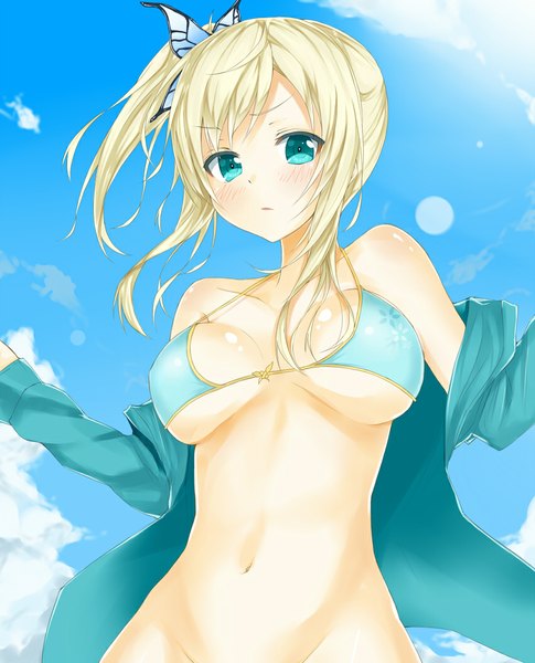 Anime picture 850x1050 with boku wa tomodachi ga sukunai kashiwazaki sena heirou long hair tall image looking at viewer blush breasts light erotic blonde hair large breasts bare shoulders sky cloud (clouds) ponytail aqua eyes sunlight bare belly lens flare side ponytail