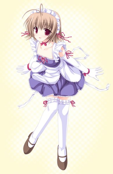 Anime picture 650x1000 with original tenmaso single tall image looking at viewer blush short hair red eyes brown hair maid girl thighhighs gloves white thighhighs elbow gloves headdress maid headdress