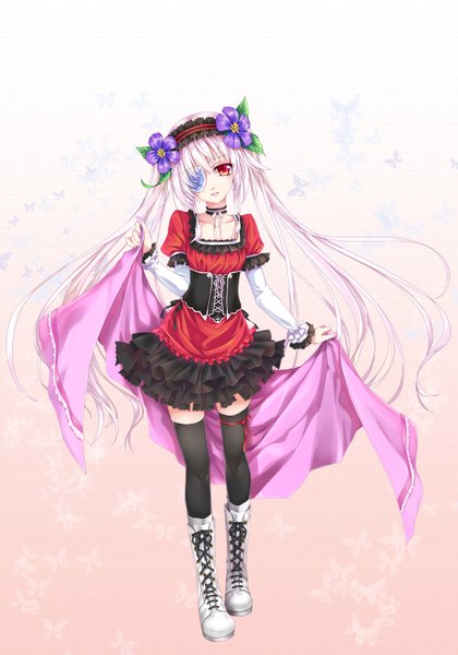 Anime picture 1050x1500 with original hika (cross-angel) single tall image looking at viewer red eyes twintails white hair very long hair girl thighhighs dress flower (flowers) black thighhighs boots insect butterfly eyepatch