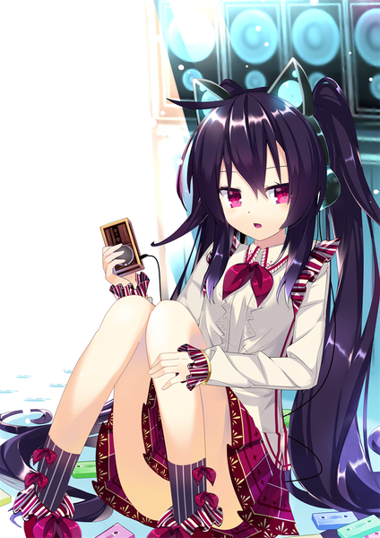 Anime picture 707x1000 with original axent wear headphones nyori single long hair tall image looking at viewer fringe open mouth light erotic sitting twintails holding animal ears purple hair bent knee (knees) long sleeves pleated skirt pink eyes sunlight