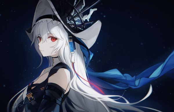Anime picture 3699x2373 with arknights specter (arknights) specter the unchained (arknights) rafwu single long hair looking at viewer fringe highres hair between eyes red eyes absurdres upper body white hair official alternate costume girl hat