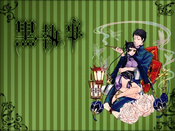 Anime picture 1152x864 with kuroshitsuji a-1 pictures lau ranmao long hair short hair black hair yellow eyes eyes closed couple chinese clothes striped background girl boy flower (flowers) weapon lantern lamp pipe kiseru