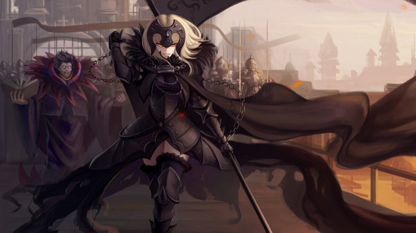 Anime picture 1920x1080 with fate (series) fate/grand order fate/apocrypha fate/zero jeanne d'arc (fate) (all) jeanne d'arc alter (fate) caster (fate/zero) anyi highres short hair open mouth blonde hair smile wide image purple hair wide sleeves orange eyes depth of field fur trim torn clothes