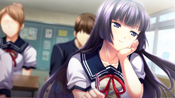 Anime picture 1280x720 with izuna zanshinken (game) long hair blue eyes smile wide image game cg purple hair girl uniform school uniform