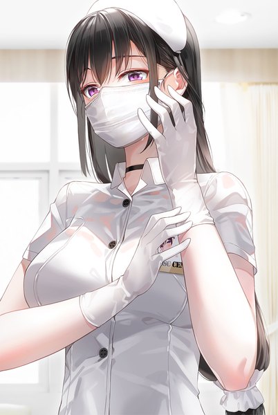 Anime picture 837x1250 with original kfr single long hair tall image looking at viewer blush fringe breasts black hair hair between eyes payot upper body pink eyes arms up short sleeves low ponytail open collar adjusting gloves girl
