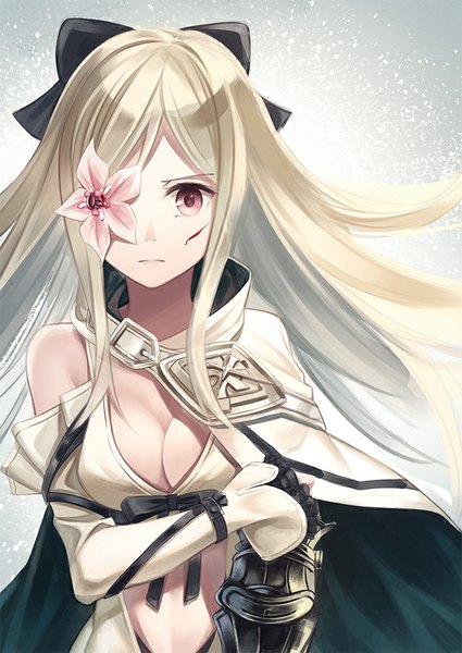 Anime picture 637x900 with drakengard zero (drag-on dragoon) yasuno (airy light) single long hair tall image looking at viewer breasts blonde hair large breasts standing bare shoulders cleavage pink eyes bare belly blood on face injury covering eye (eyes) cuts flower over eye
