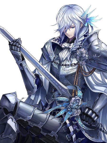 Anime picture 750x1000 with original tenyo0819 single long hair tall image fringe blue eyes simple background white background sitting silver hair braid (braids) hair over one eye crossed legs single braid knight boy weapon sword armor