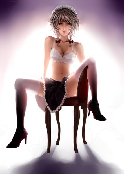 Anime picture 1175x1647 with touhou izayoi sakuya kyogoku-uru single long hair tall image looking at viewer breasts light erotic red eyes sitting bare shoulders cleavage silver hair braid (braids) bare belly high heels spread legs twin braids backlighting