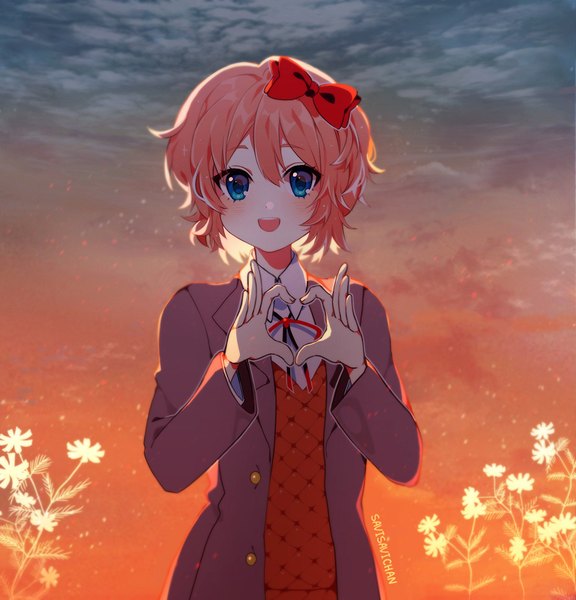 Anime picture 1100x1145 with doki doki literature club sayori (doki doki literature club) savi (byakushimc) single tall image looking at viewer blush short hair open mouth blue eyes smile standing signed sky cloud (clouds) upper body outdoors long sleeves :d orange hair