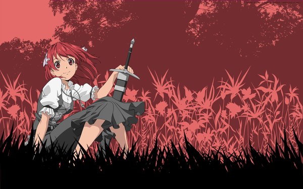 Anime picture 1680x1050 with seiken no blacksmith cecily cambell single looking at viewer short hair smile red eyes wide image sitting holding full body bent knee (knees) red hair wind red background girl skirt hair ornament flower (flowers) weapon