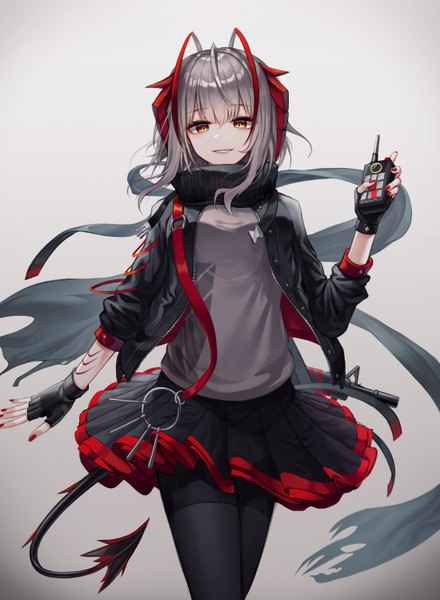 Anime picture 4400x6000 with arknights w (arknights) myung yi single tall image looking at viewer fringe highres short hair simple background hair between eyes standing holding yellow eyes absurdres tail nail polish parted lips pleated skirt horn (horns)