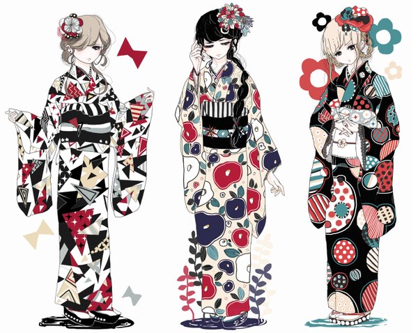 Anime picture 1500x1197 with original mzhbank long hair looking at viewer blush fringe short hair black hair simple background blonde hair brown hair standing white background multiple girls looking away braid (braids) long sleeves nail polish traditional clothes japanese clothes