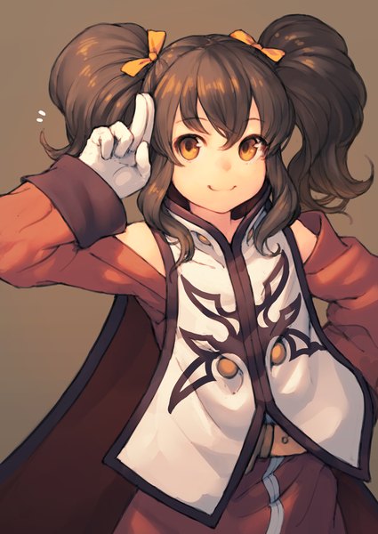 Anime picture 850x1200 with tales of (series) tales of the abyss anise tatlin junwool single tall image fringe short hair simple background smile brown hair twintails looking away orange eyes hand on hip short twintails brown background salute girl bow