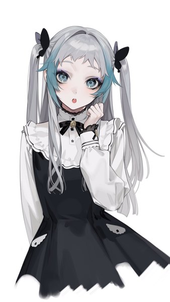 Anime picture 1154x2048 with original ohisashiburi single long hair tall image looking at viewer fringe open mouth simple background white background long sleeves multicolored hair aqua eyes grey hair aqua hair two-tone hair :o two side up puffy sleeves otoko no ko