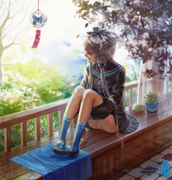 Anime picture 1000x1047 with vocaloid pixiv vocaloid china luo tianyi yang niangniang single long hair tall image fringe blue eyes light erotic sitting twintails looking away purple hair lips pantyshot sitting girl skirt uniform