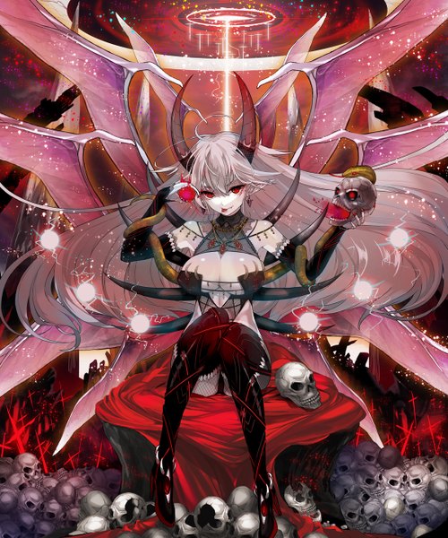 Anime picture 1100x1320 with original yumeko (tokiti) single long hair tall image looking at viewer breasts light erotic red eyes large breasts sitting ahoge horn (horns) fingernails pointy ears grey hair demon girl long fingernails multiple wings girl