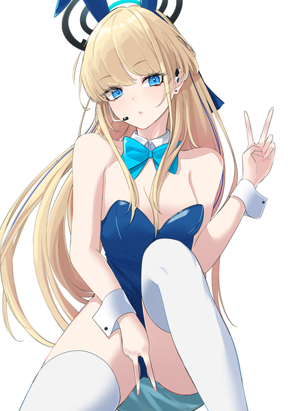 Anime picture 2006x2833 with blue archive toki (blue archive) nigori (keydoor) single long hair tall image looking at viewer fringe highres breasts blue eyes light erotic simple background blonde hair large breasts white background sitting bare shoulders animal ears cleavage